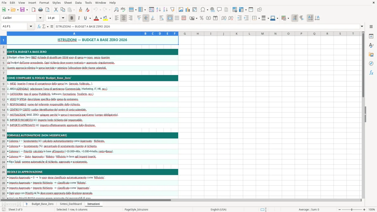 Schermata 3: foglio Istruzioni - Modello Excel budget a base zero excel