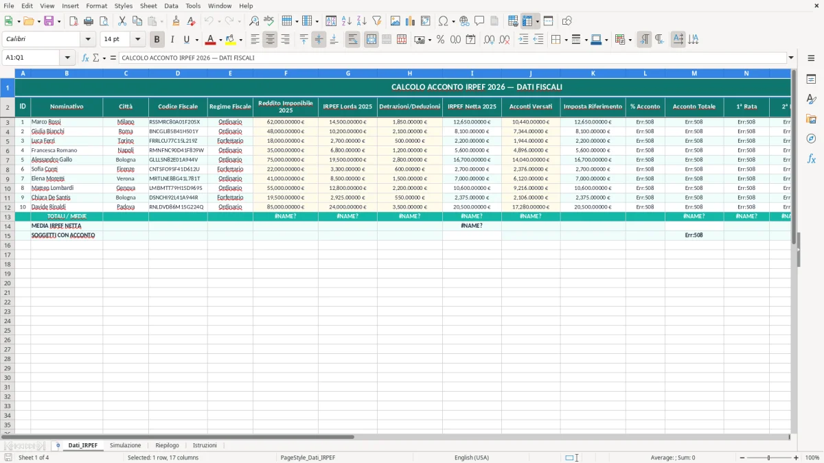 Schermata 1: foglio Dati_IRPEF - Modello Excel calcolo acconto irpef excel
