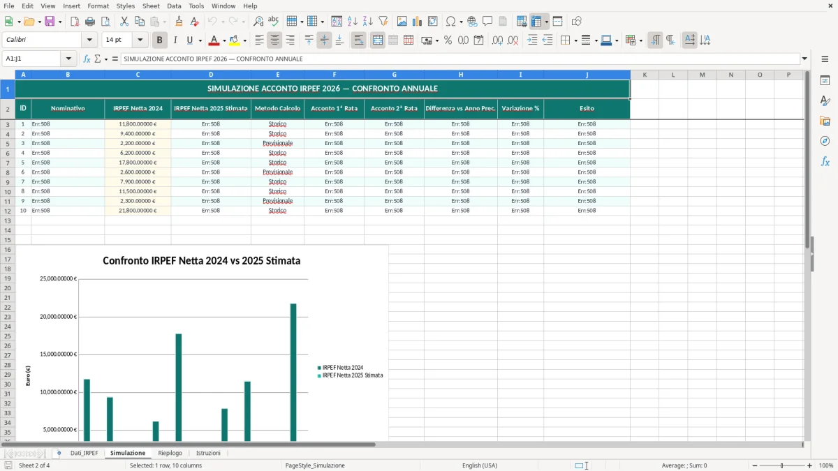Schermata 2: foglio Simulazione - Modello Excel calcolo acconto irpef excel