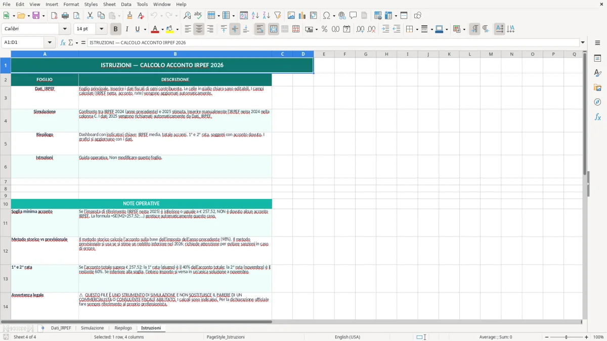 Schermata 4: foglio Istruzioni - Modello Excel calcolo acconto irpef excel