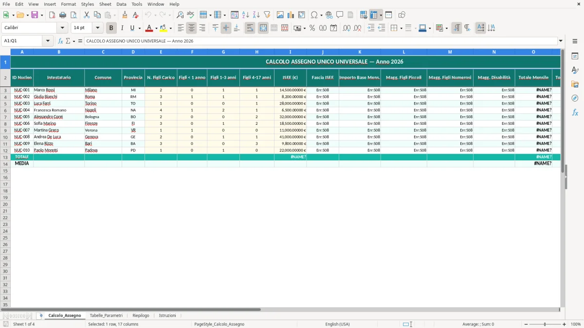 Schermata 1: foglio Calcolo_Assegno - Modello Excel calcolo assegno unico excel