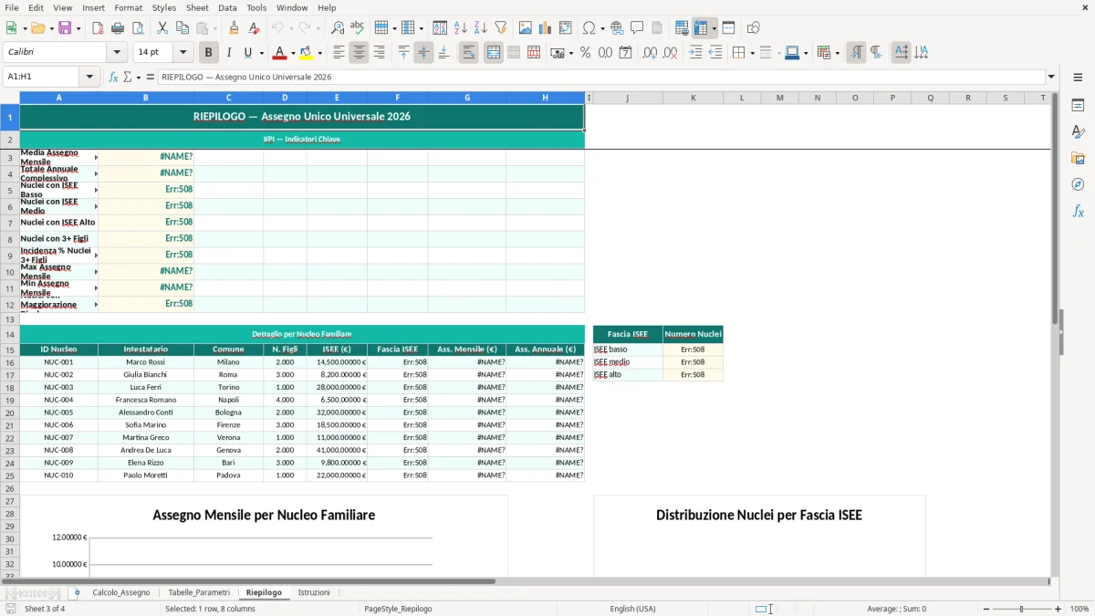 Schermata 3: foglio Riepilogo - Modello Excel calcolo assegno unico excel