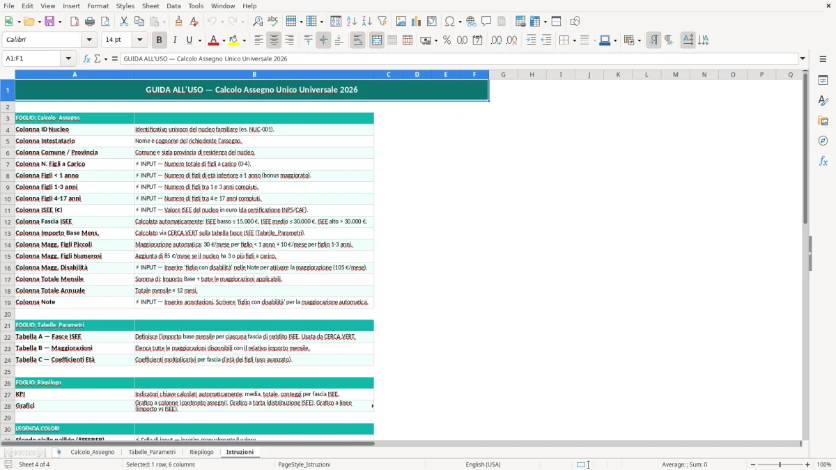 Schermata 4: foglio Istruzioni - Modello Excel calcolo assegno unico excel
