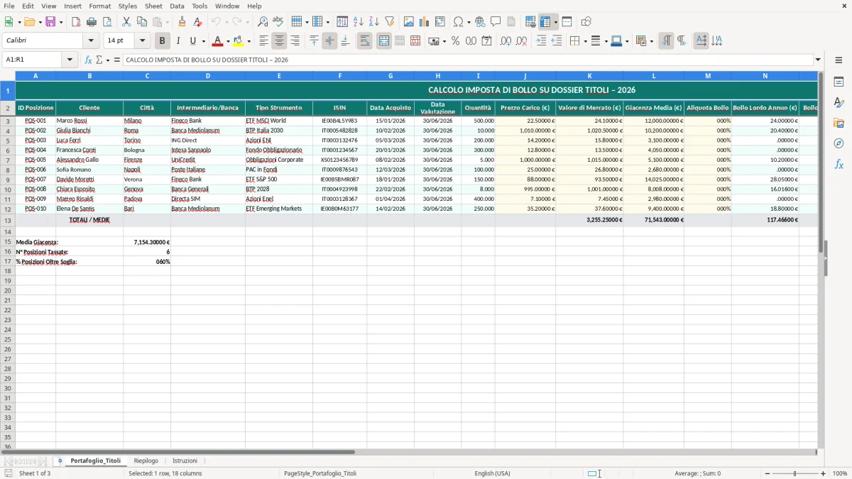 Schermata 1: foglio Portafoglio_Titoli - Modello Excel calcolo bollo titoli excel