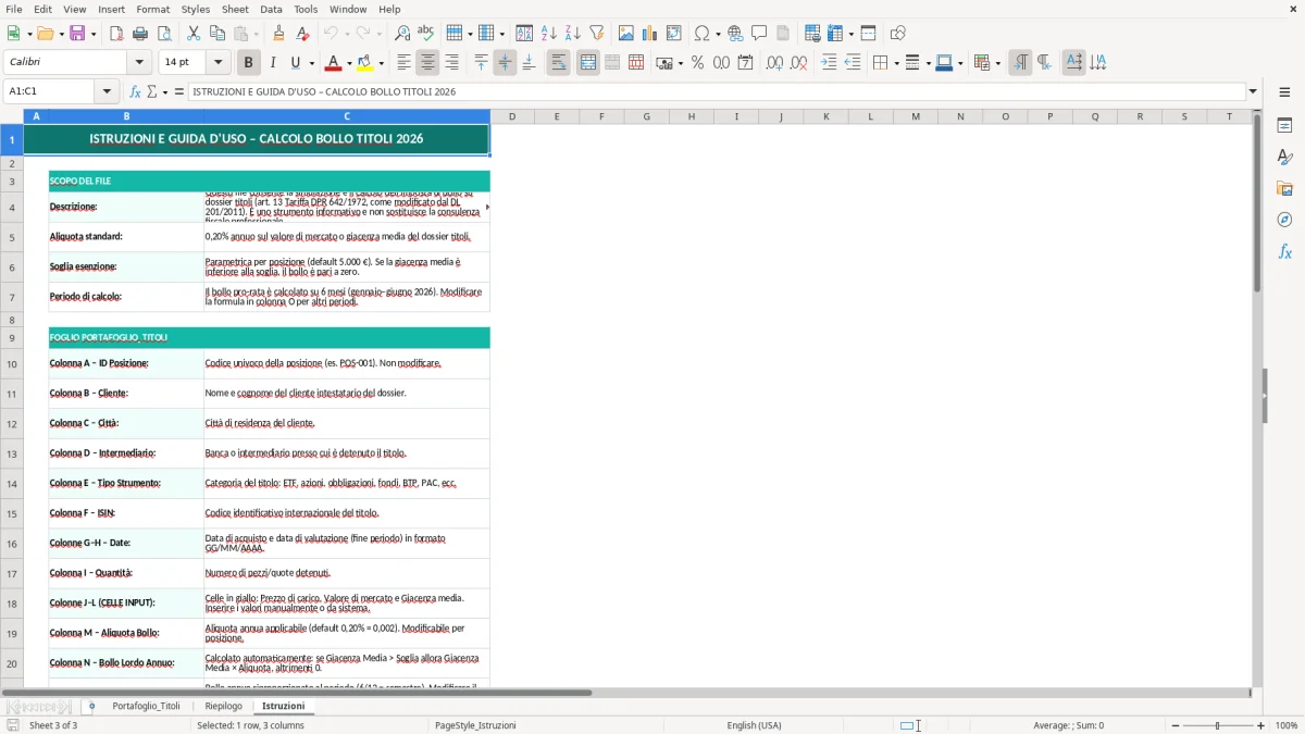 Schermata 3: foglio Istruzioni - Modello Excel calcolo bollo titoli excel