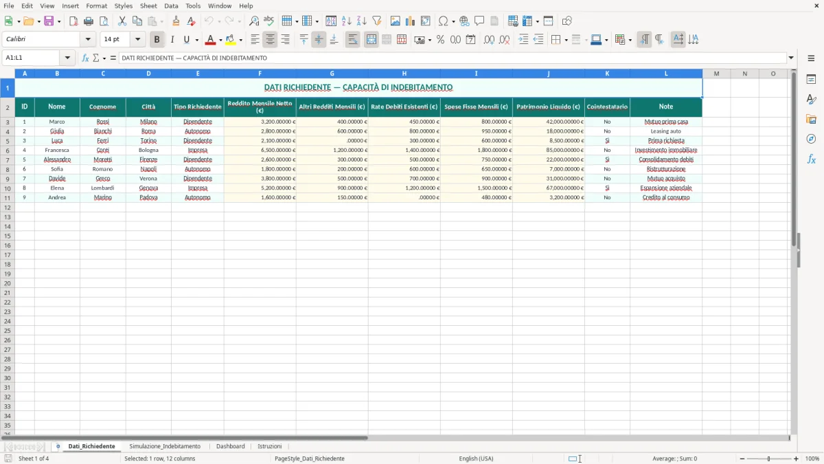 Schermata 1: foglio Dati_Richiedente - Modello Excel calcolo capacità di indebitamento excel