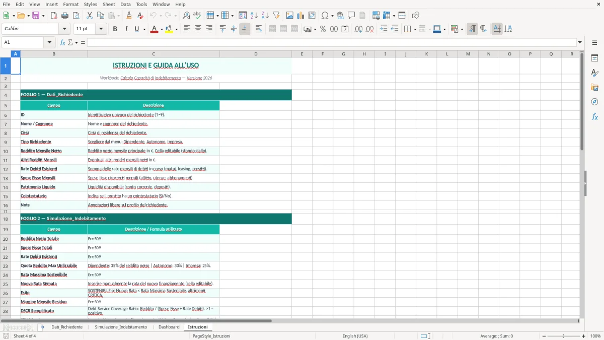 Schermata 4: foglio Istruzioni - Modello Excel calcolo capacità di indebitamento excel