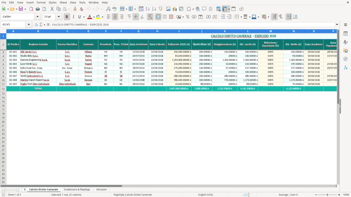 Schermata 1: foglio Calcolo Diritto Camerale - Modello Excel calcolo diritto camerale excel