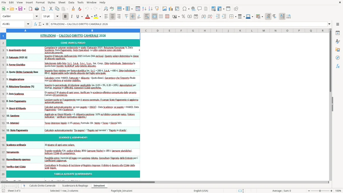 Schermata 3: foglio Istruzioni - Modello Excel calcolo diritto camerale excel