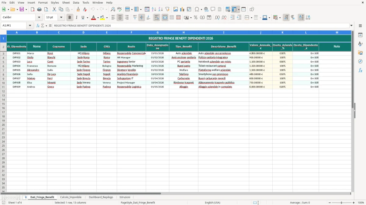 Schermata 1: foglio Dati_Fringe_Benefit - Modello Excel calcolo fringe benefit excel