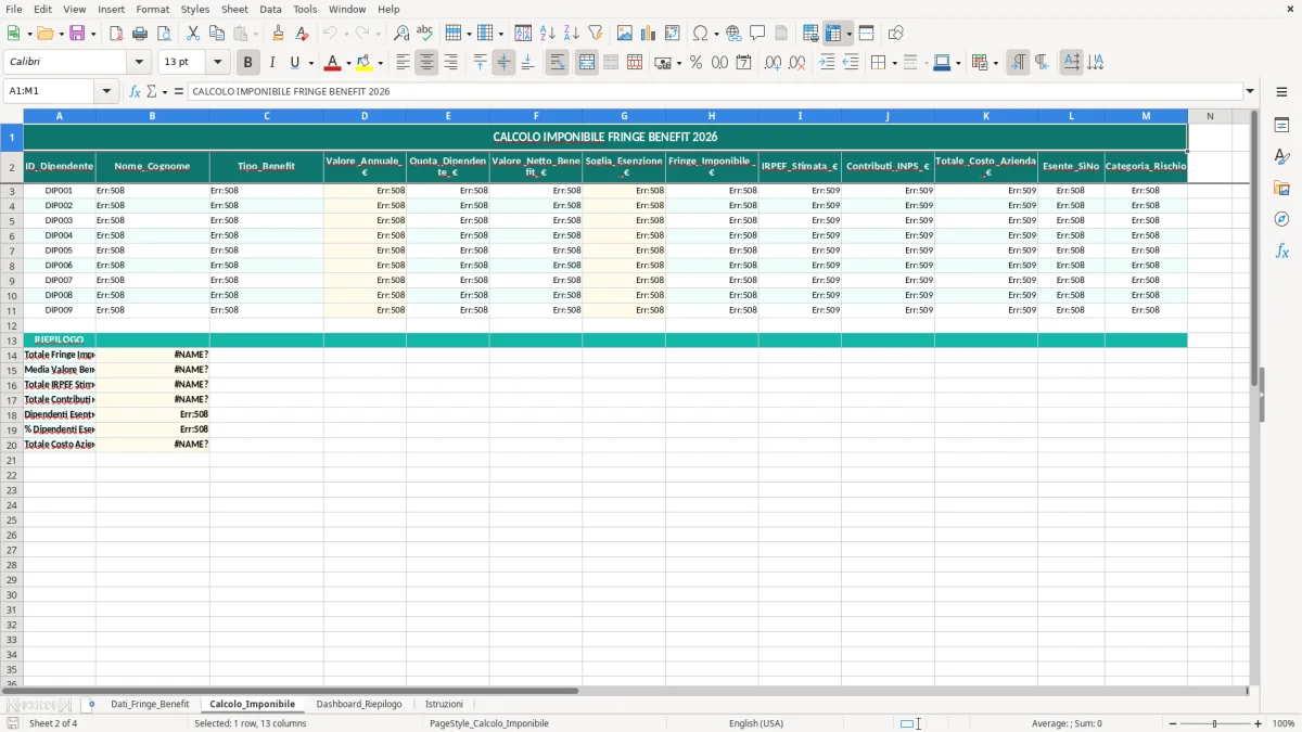Schermata 2: foglio Calcolo_Imponibile - Modello Excel calcolo fringe benefit excel