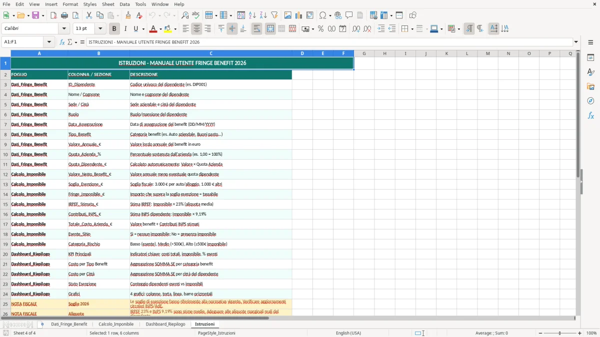 Schermata 4: foglio Istruzioni - Modello Excel calcolo fringe benefit excel