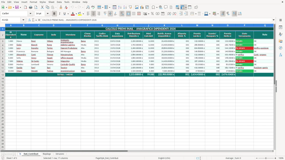 Schermata 1: foglio Dati_Contributi - Modello Excel calcolo inail excel