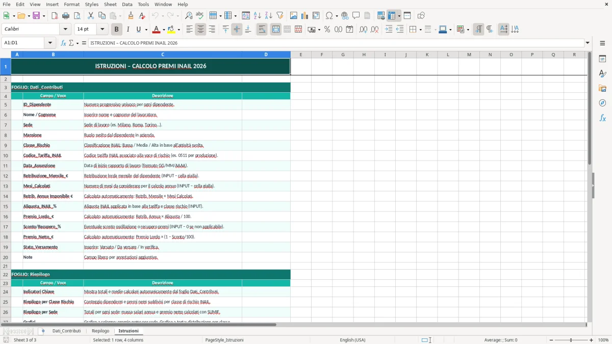 Schermata 3: foglio Istruzioni - Modello Excel calcolo inail excel