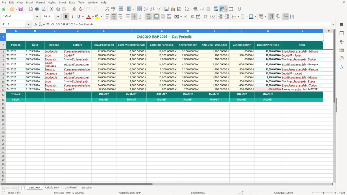 Schermata 1: foglio Dati_IRAP - Modello Excel calcolo irap excel