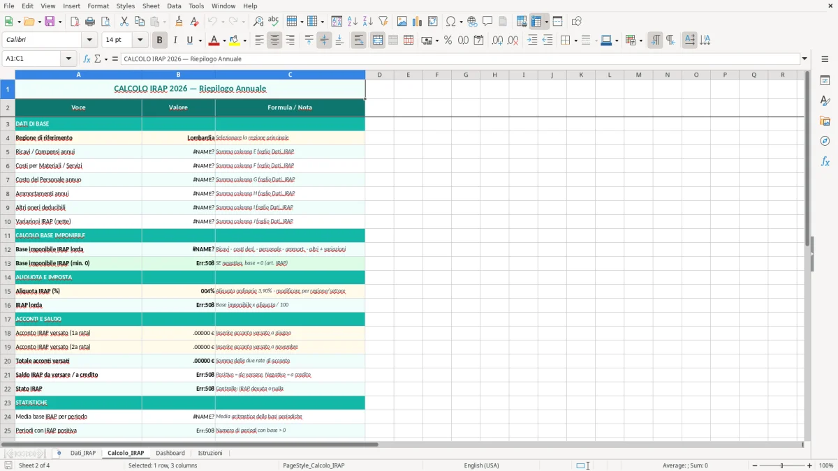 Schermata 2: foglio Calcolo_IRAP - Modello Excel calcolo irap excel