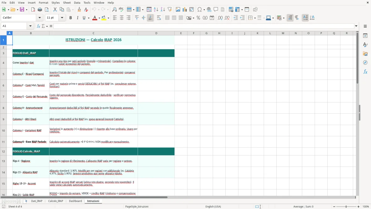 Schermata 4: foglio Istruzioni - Modello Excel calcolo irap excel
