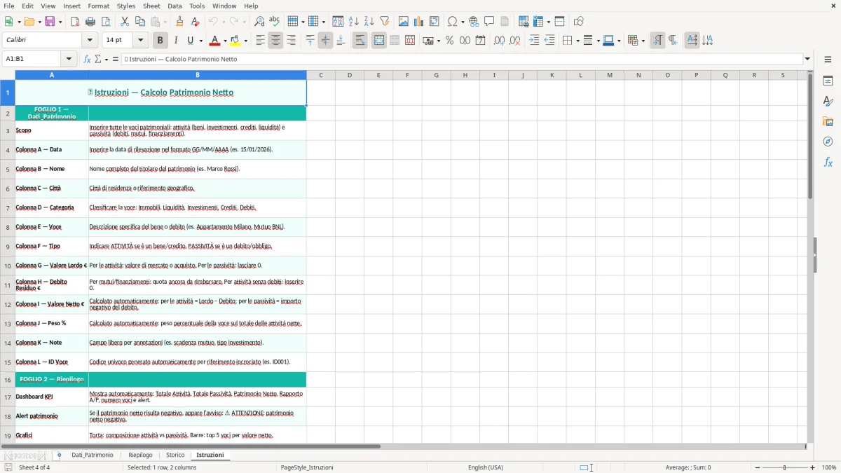 Schermata 4: foglio Istruzioni - Modello Excel calcolo patrimonio netto excel