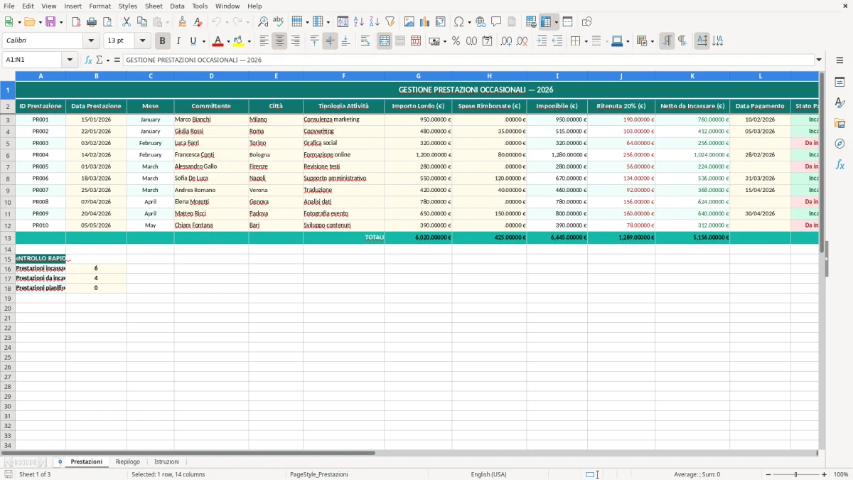Schermata 1: foglio Prestazioni - Modello Excel calcolo prestazione occasionale excel