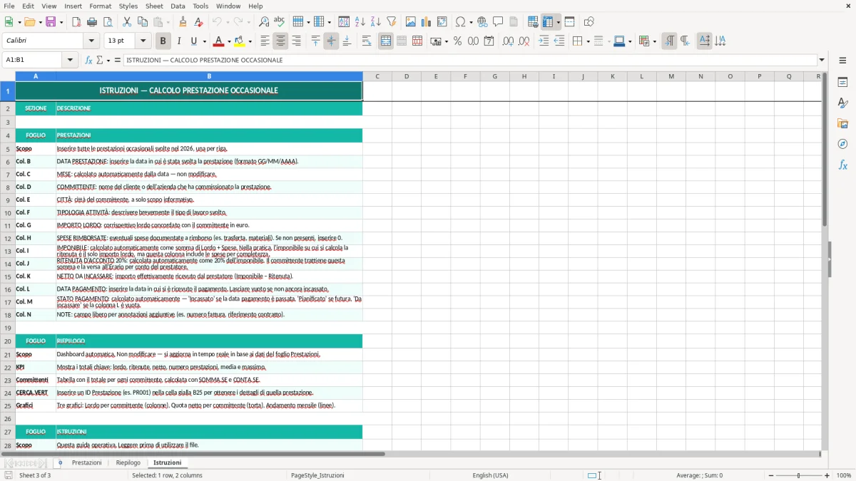 Schermata 3: foglio Istruzioni - Modello Excel calcolo prestazione occasionale excel