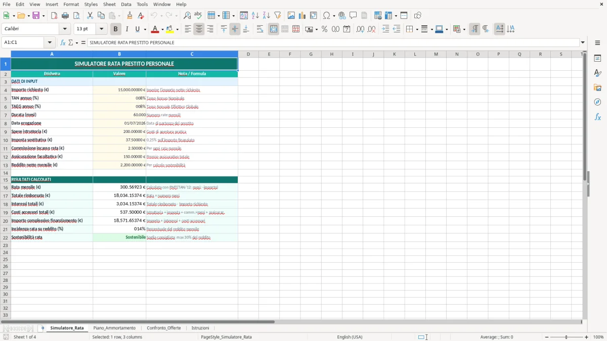 Schermata 1: foglio Simulatore_Rata - Modello Excel calcolo rata prestito personale excel