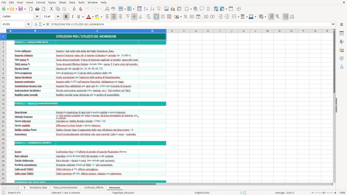 Schermata 4: foglio Istruzioni - Modello Excel calcolo rata prestito personale excel