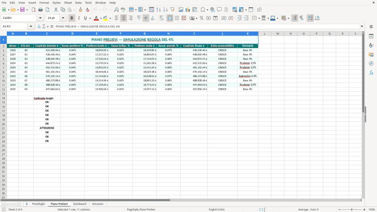 Schermata 2: foglio Piano Prelievi - Modello Excel calcolo regola del 4 percento excel
