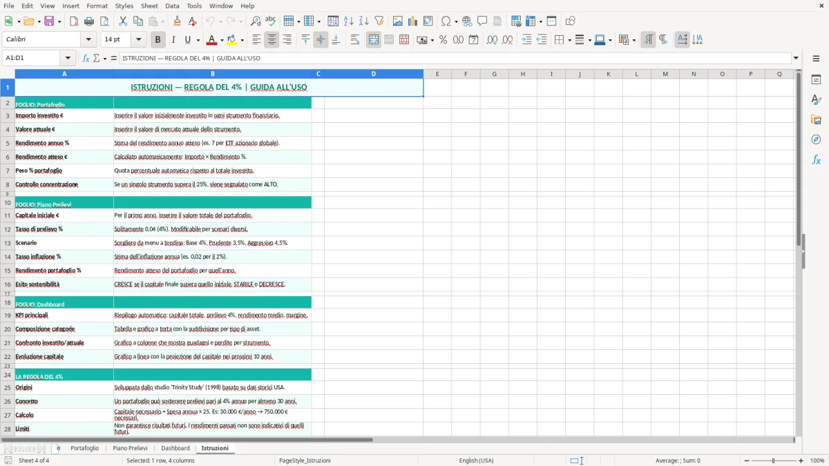 Schermata 4: foglio Istruzioni - Modello Excel calcolo regola del 4 percento excel