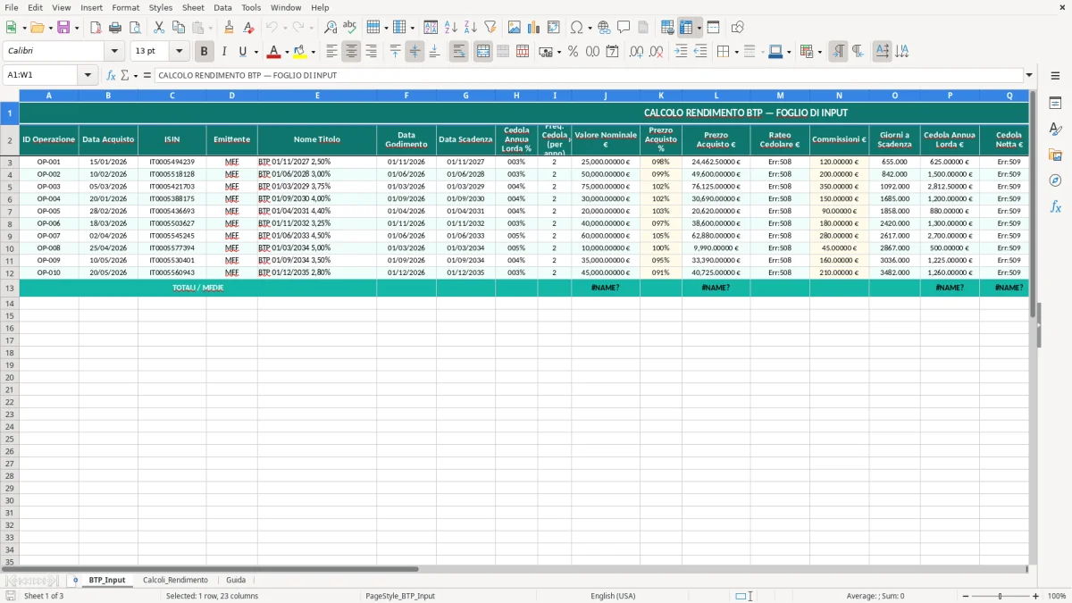 Schermata 1: foglio BTP_Input - Modello Excel calcolo rendimento btp excel