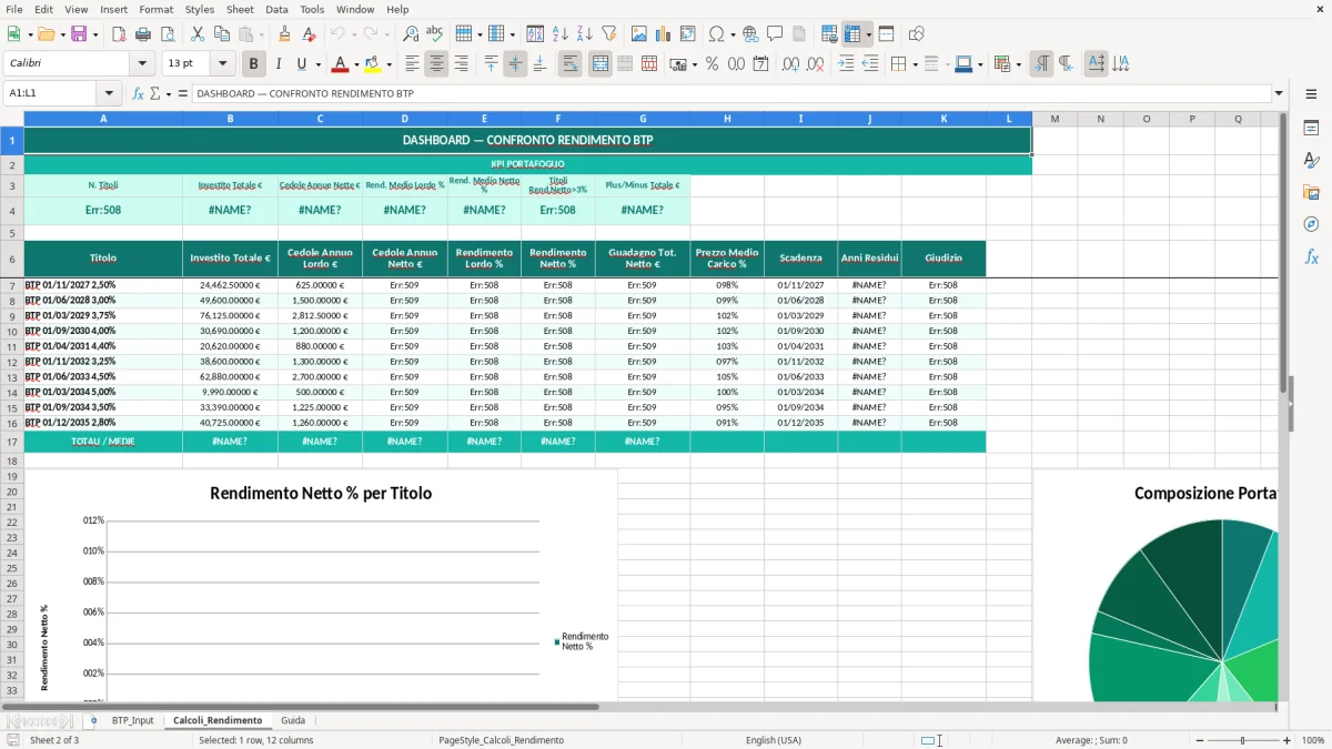 Schermata 2: foglio Calcoli_Rendimento - Modello Excel calcolo rendimento btp excel