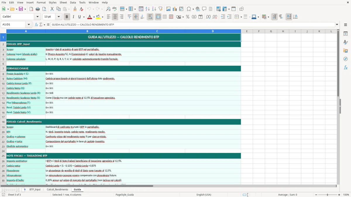 Schermata 3: foglio Guida - Modello Excel calcolo rendimento btp excel