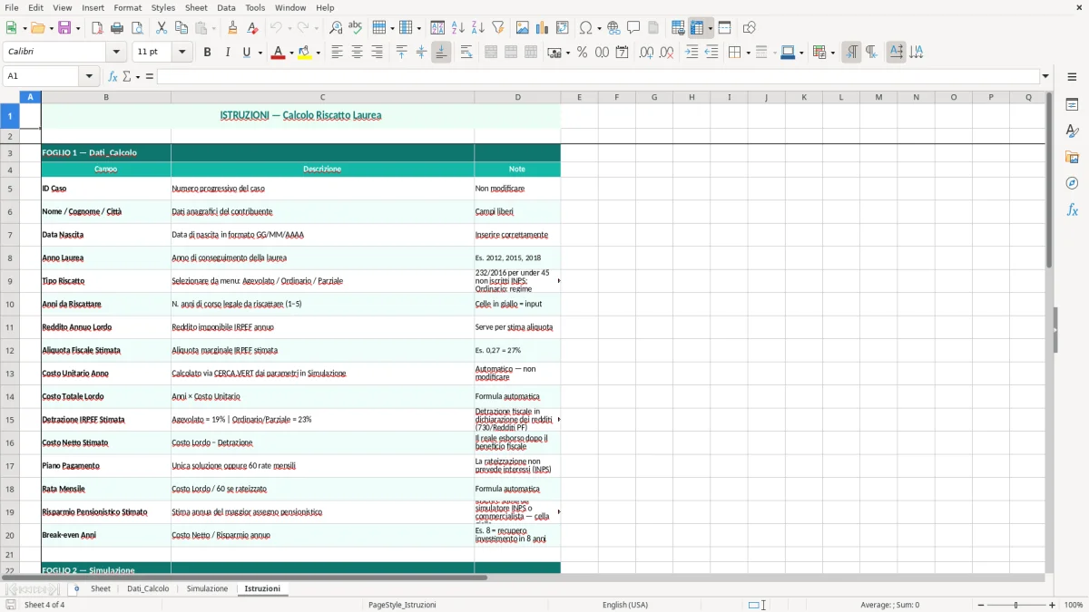 Schermata 4: foglio Istruzioni - Modello Excel calcolo riscatto laurea excel
