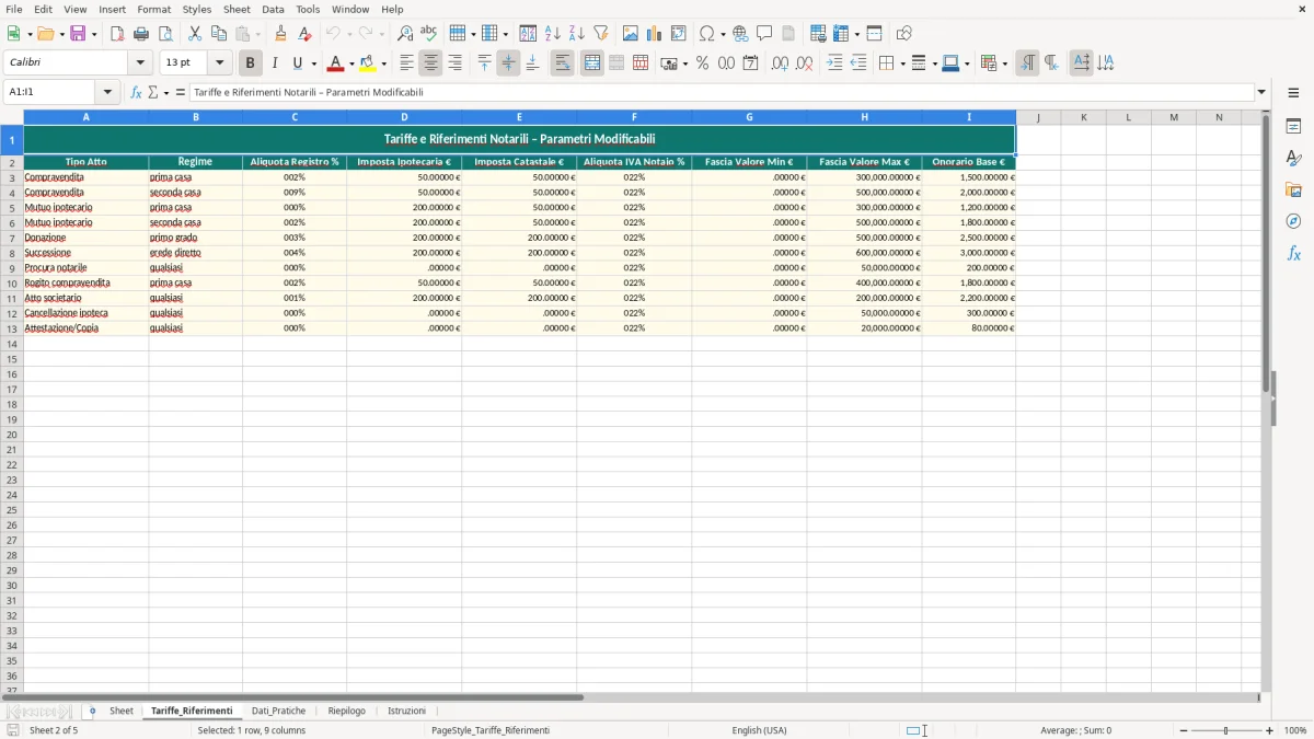 Schermata 2: foglio Tariffe_Riferimenti - Modello Excel calcolo spese notarili excel
