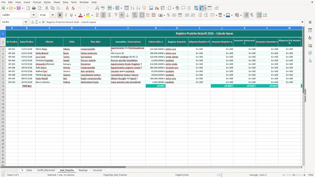 Schermata 3: foglio Dati_Pratiche - Modello Excel calcolo spese notarili excel