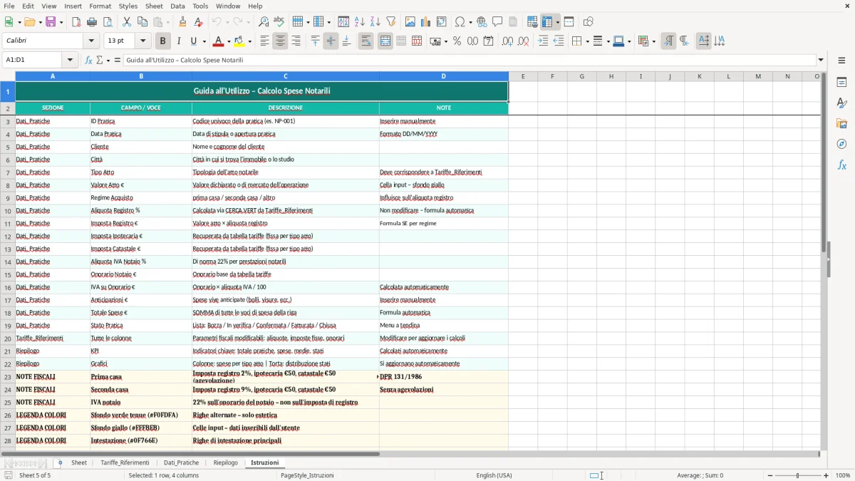 Schermata 5: foglio Istruzioni - Modello Excel calcolo spese notarili excel