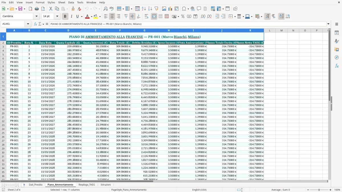 Schermata 2: foglio Piano_Ammortamento - Modello Excel calcolo taeg excel