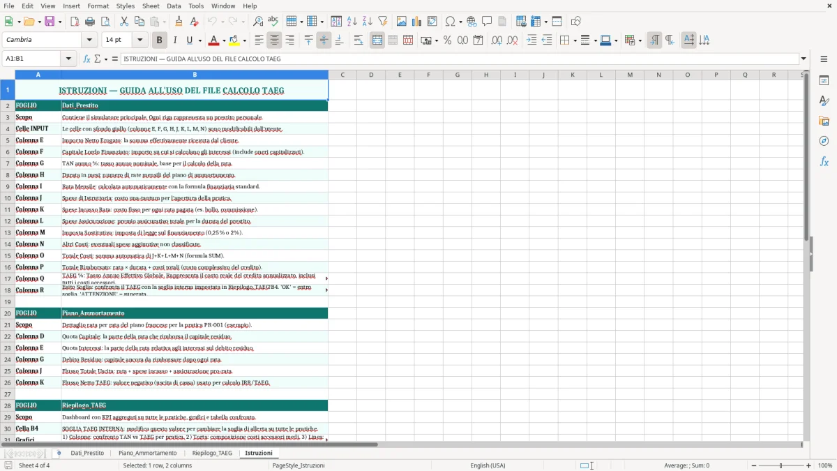 Schermata 4: foglio Istruzioni - Modello Excel calcolo taeg excel