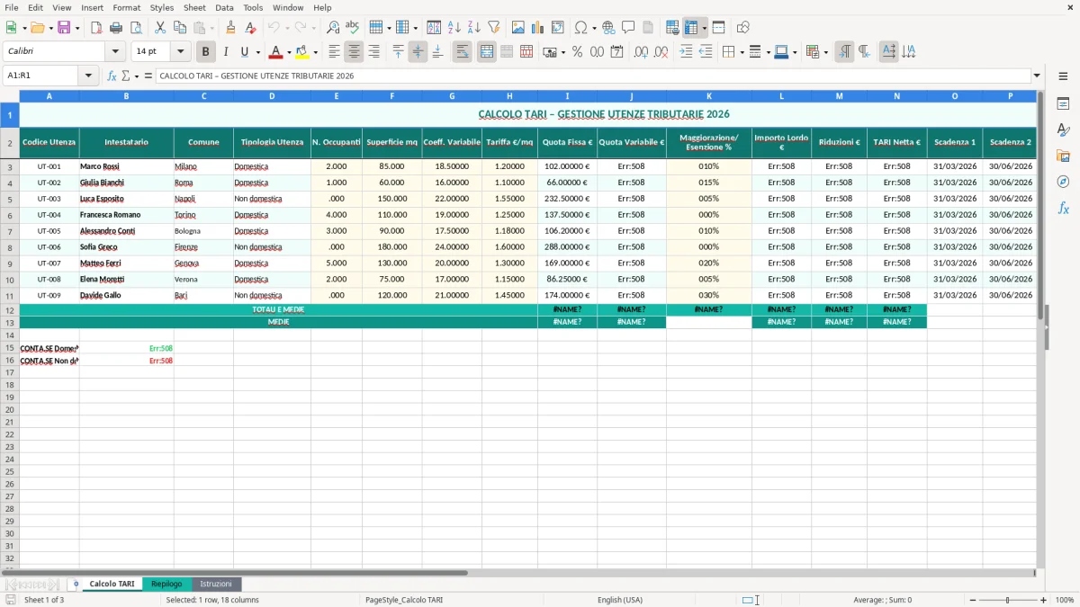 Schermata 1: foglio Calcolo TARI - Modello Excel calcolo tari excel