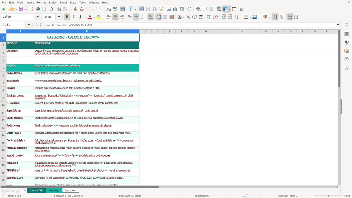 Schermata 3: foglio Istruzioni - Modello Excel calcolo tari excel
