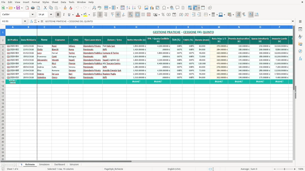 Schermata 1: foglio Richieste - Modello Excel cessione del quinto excel