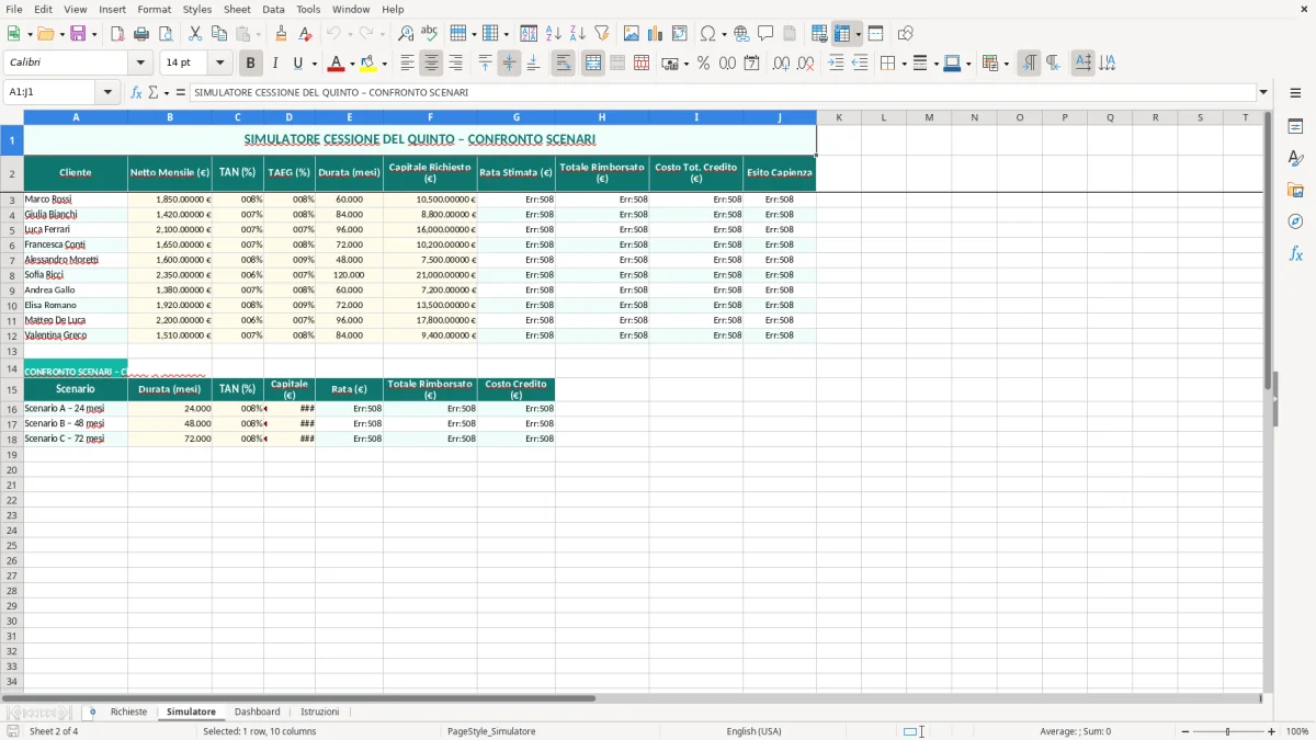 Schermata 2: foglio Simulatore - Modello Excel cessione del quinto excel