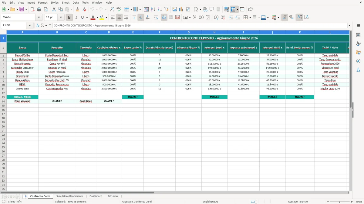 Schermata 1: foglio Confronto Conti - Modello Excel confronto conti deposito excel