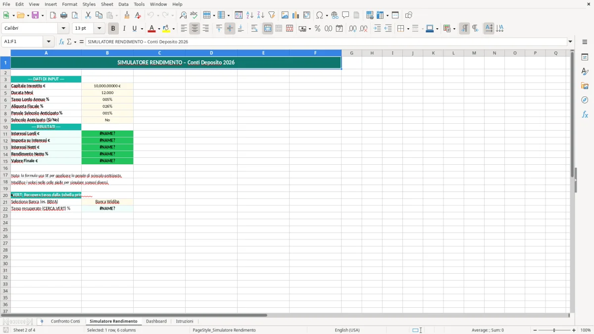 Schermata 2: foglio Simulatore Rendimento - Modello Excel confronto conti deposito excel