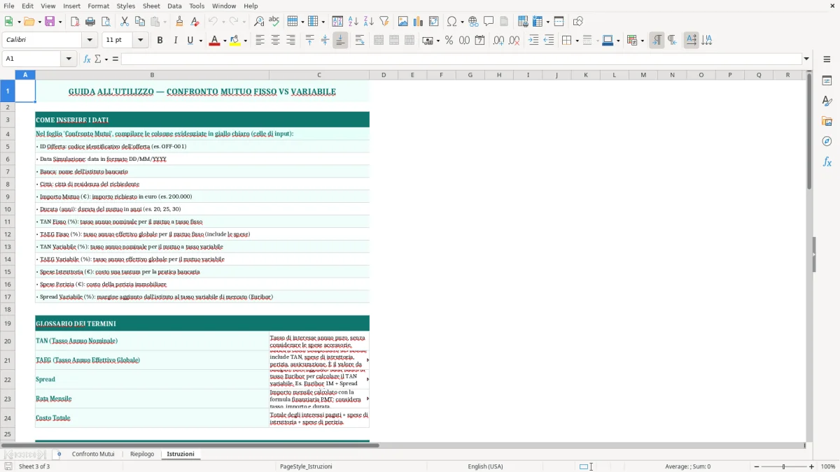 Schermata 3: foglio Istruzioni - Modello Excel confronto mutuo fisso variabile excel