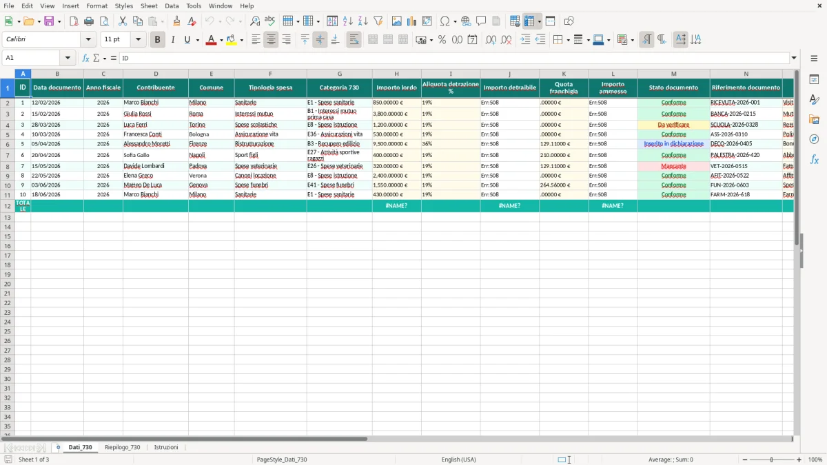Schermata 1: foglio Dati_730 - Modello Excel detrazioni fiscali 730 excel