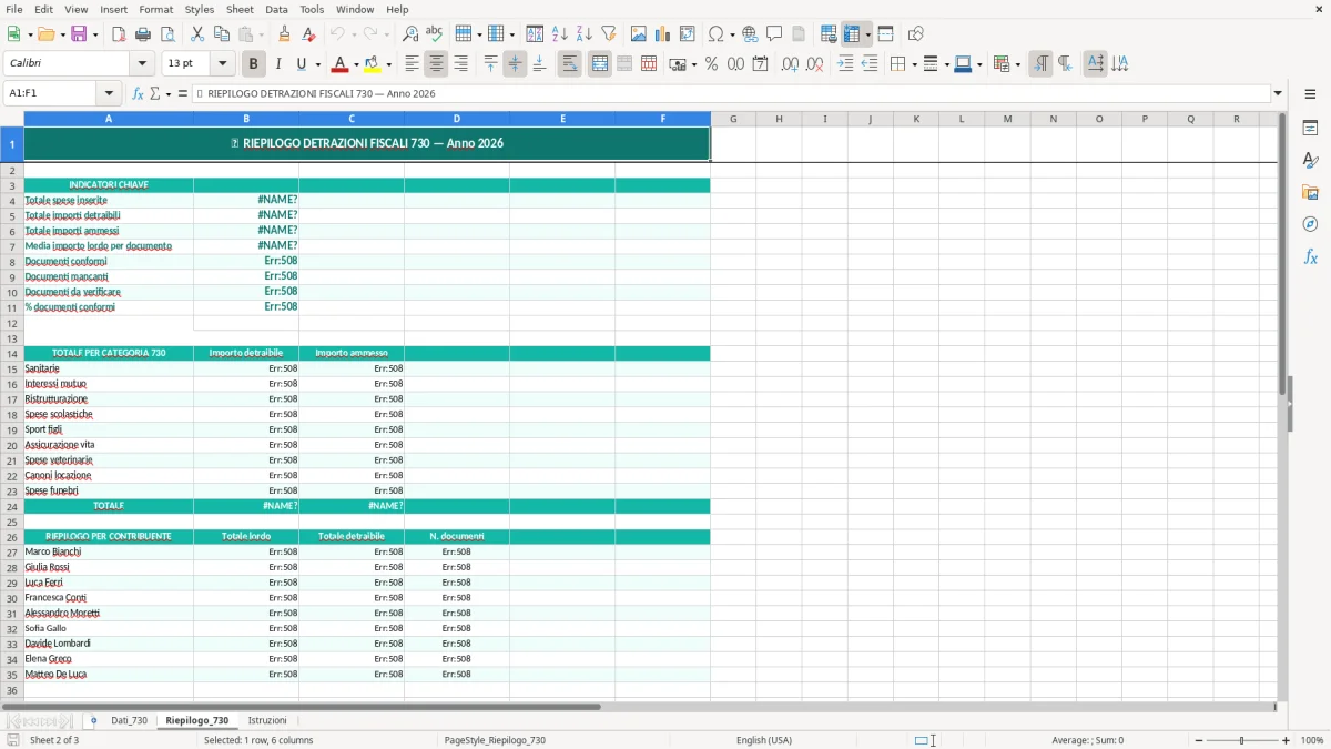 Schermata 2: foglio Riepilogo_730 - Modello Excel detrazioni fiscali 730 excel