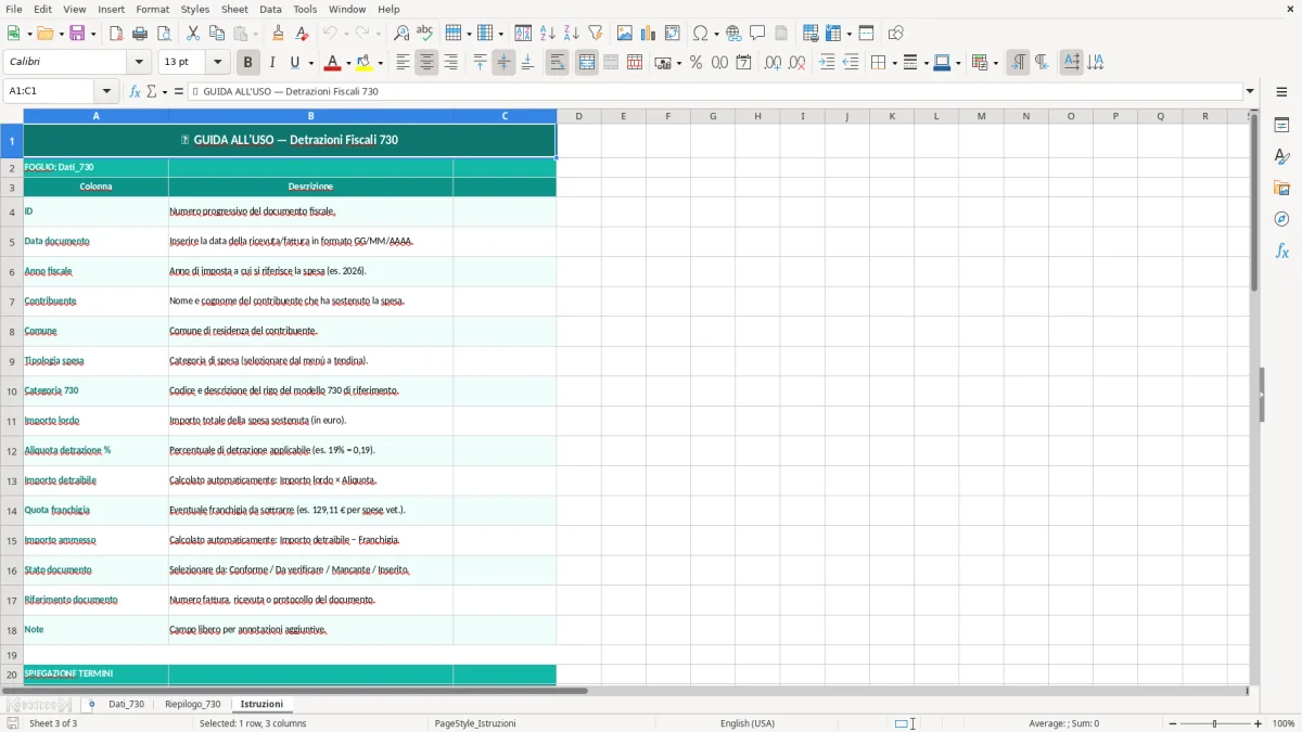 Schermata 3: foglio Istruzioni - Modello Excel detrazioni fiscali 730 excel