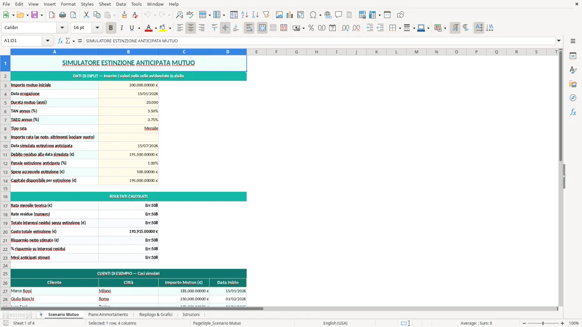 Schermata 1: foglio Scenario Mutuo - Modello Excel estinzione anticipata mutuo excel