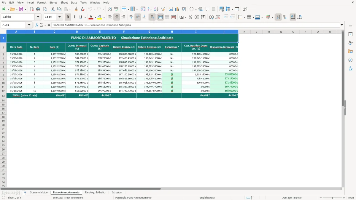 Schermata 2: foglio Piano Ammortamento - Modello Excel estinzione anticipata mutuo excel