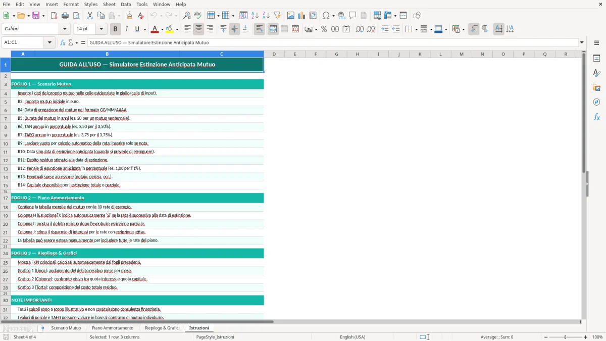 Schermata 4: foglio Istruzioni - Modello Excel estinzione anticipata mutuo excel